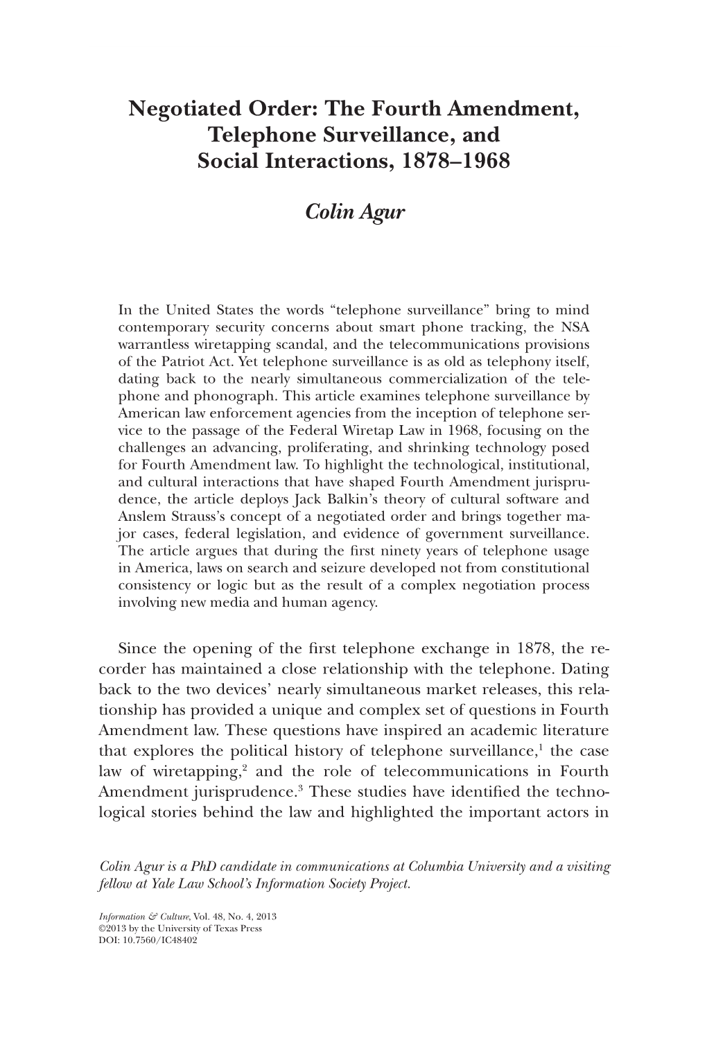 Negotiated Order: the Fourth Amendment, Telephone Surveillance, and Social Interactions, 1878–1968