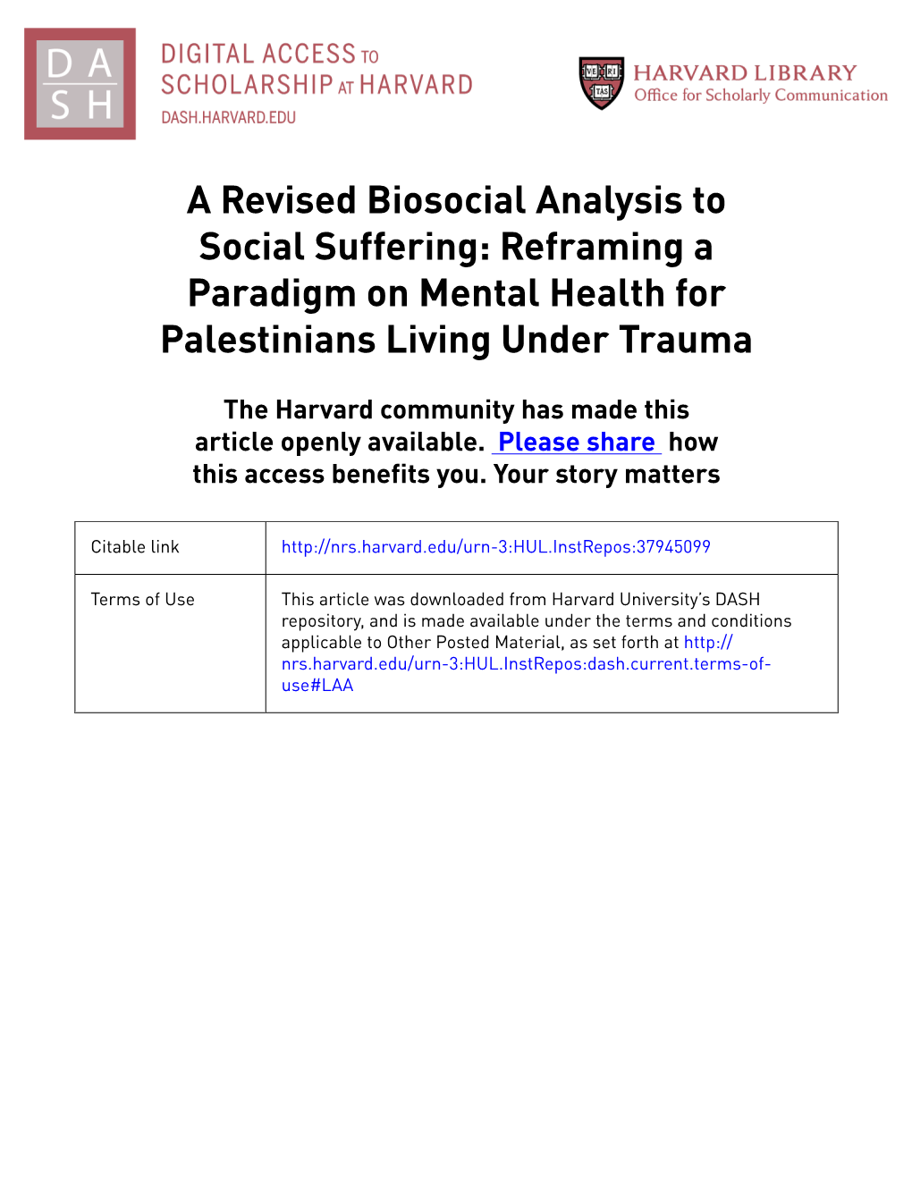 Reframing a Paradigm on Mental Health for Palestinians Living Under Trauma