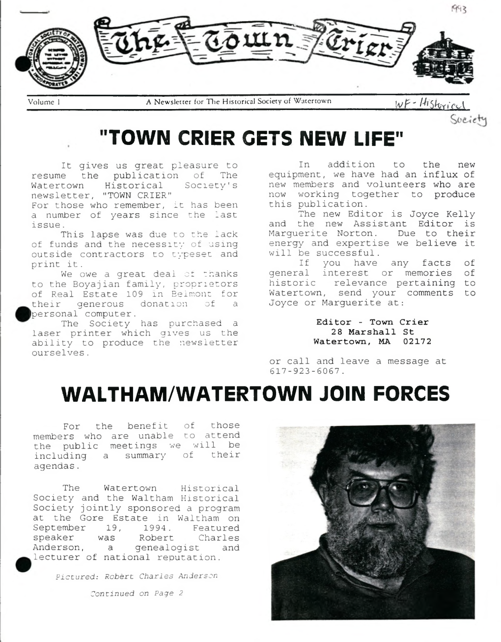 Town Crier Gets New Life” Waltham/Watertown Join Forces