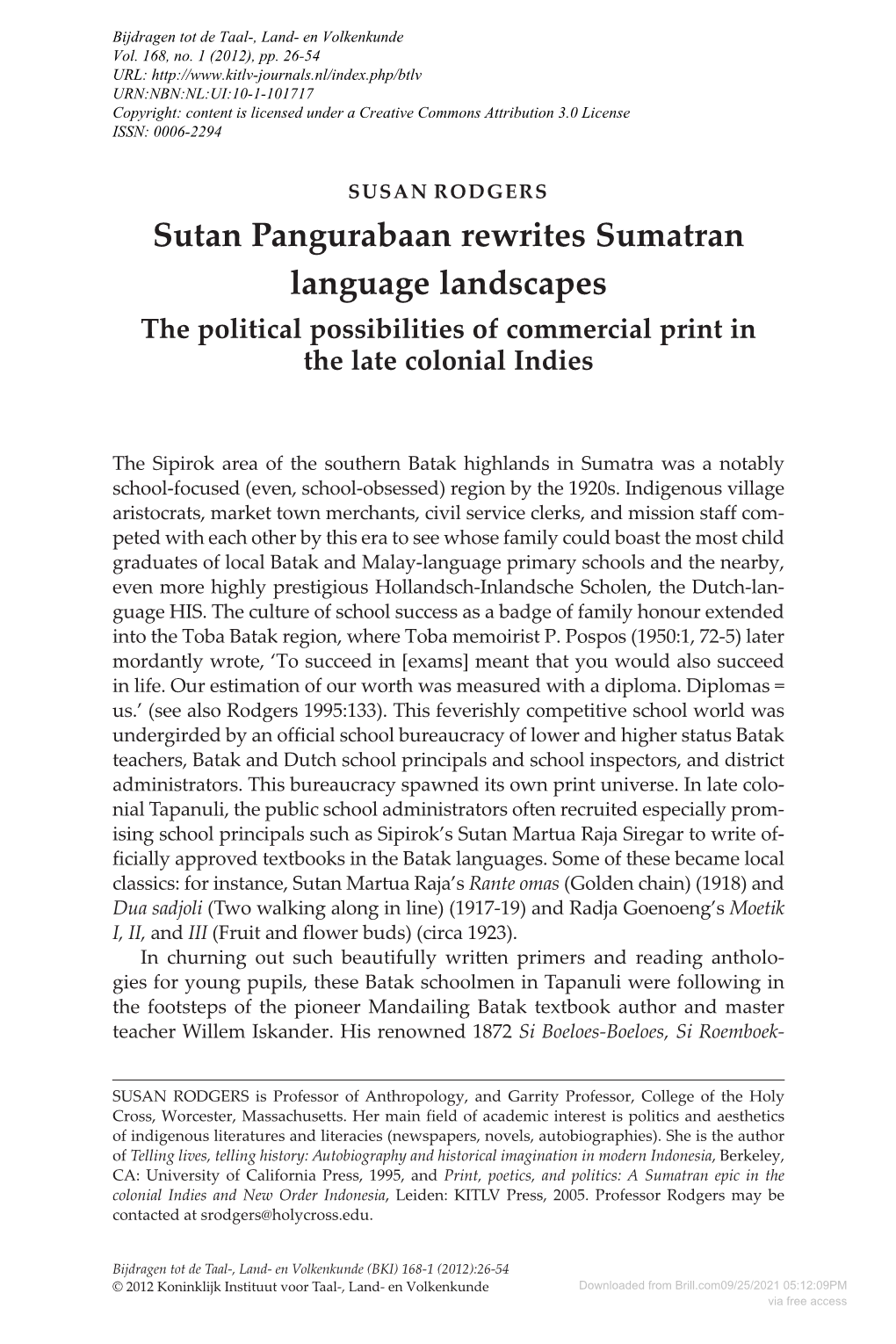 Sutan Pangurabaan Rewrites Sumatran Language Landscapes the Political Possibilities of Commercial Print in the Late Colonial Indies