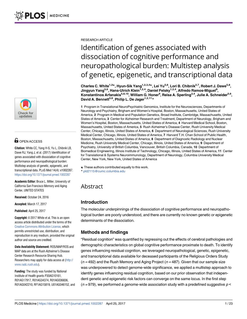 Identification of Genes Associated with Dissociation of Cognitive