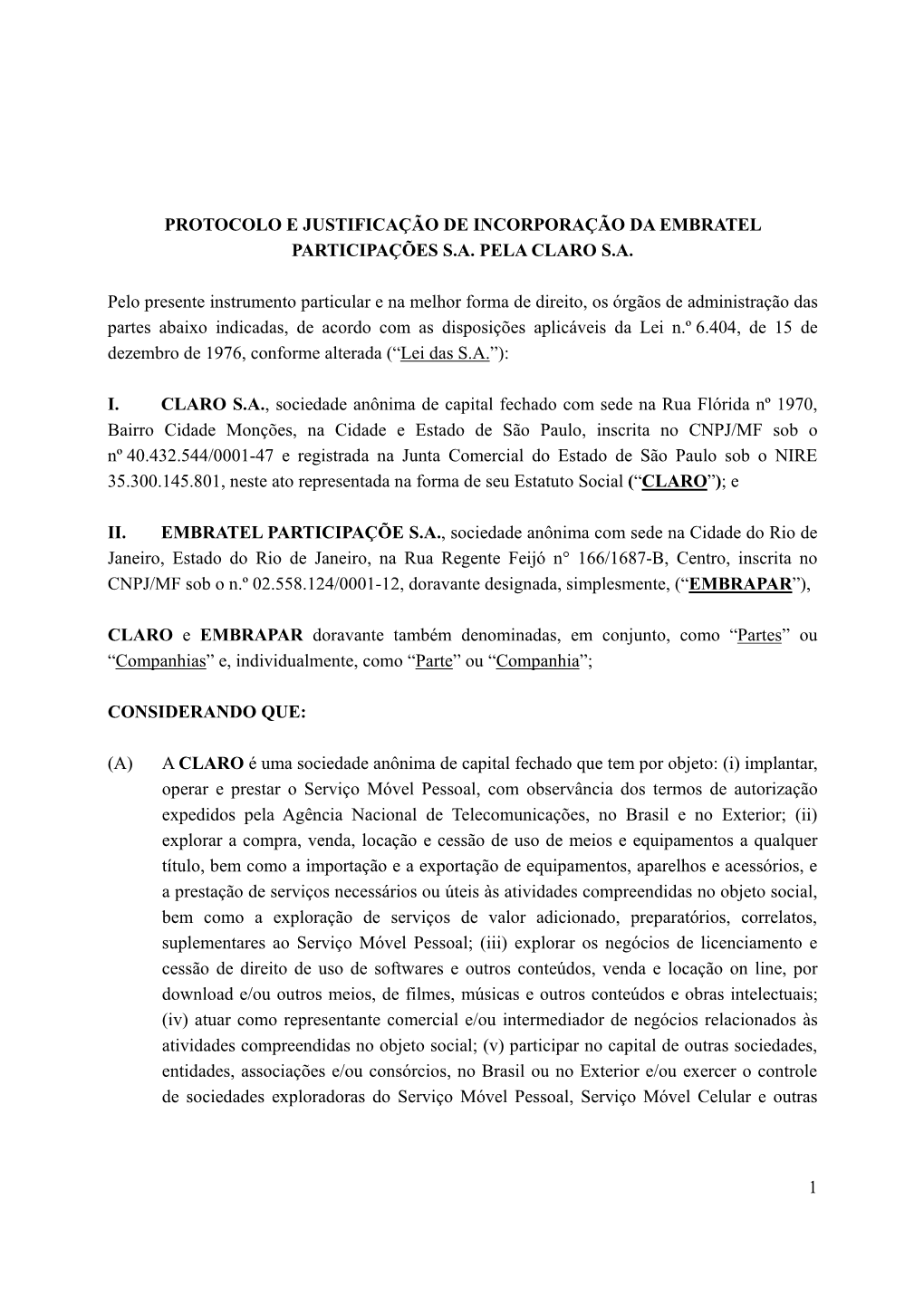 1 Protocolo E Justificação De Incorporação Da Embratel