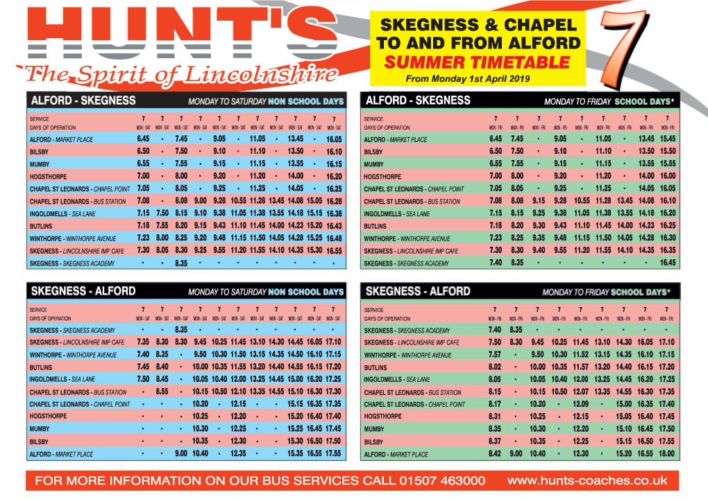 Skegness & Chapel to and from Alford Summer Timetable