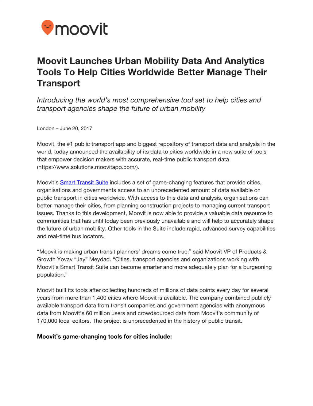 Moovit Launches Urban Mobility Data and Analytics Tools to Help Cities Worldwide Better Manage Their Transport
