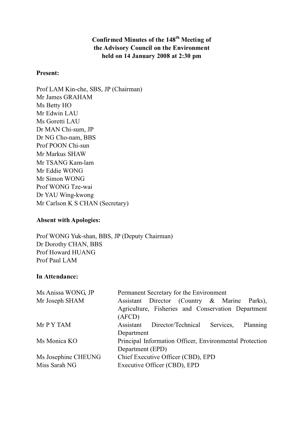 Confirmed Minutes of the 148Th Meeting of the Advisory Council on the Environment Held on 14 January 2008 at 2:30 Pm