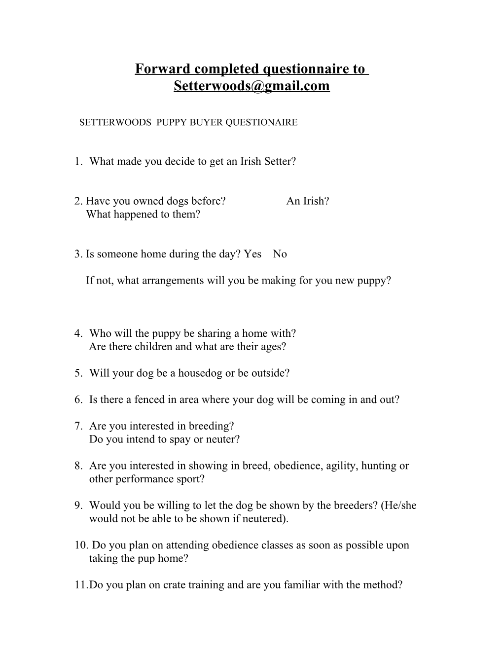 Setterwoods Puppy Buyer Questionaire