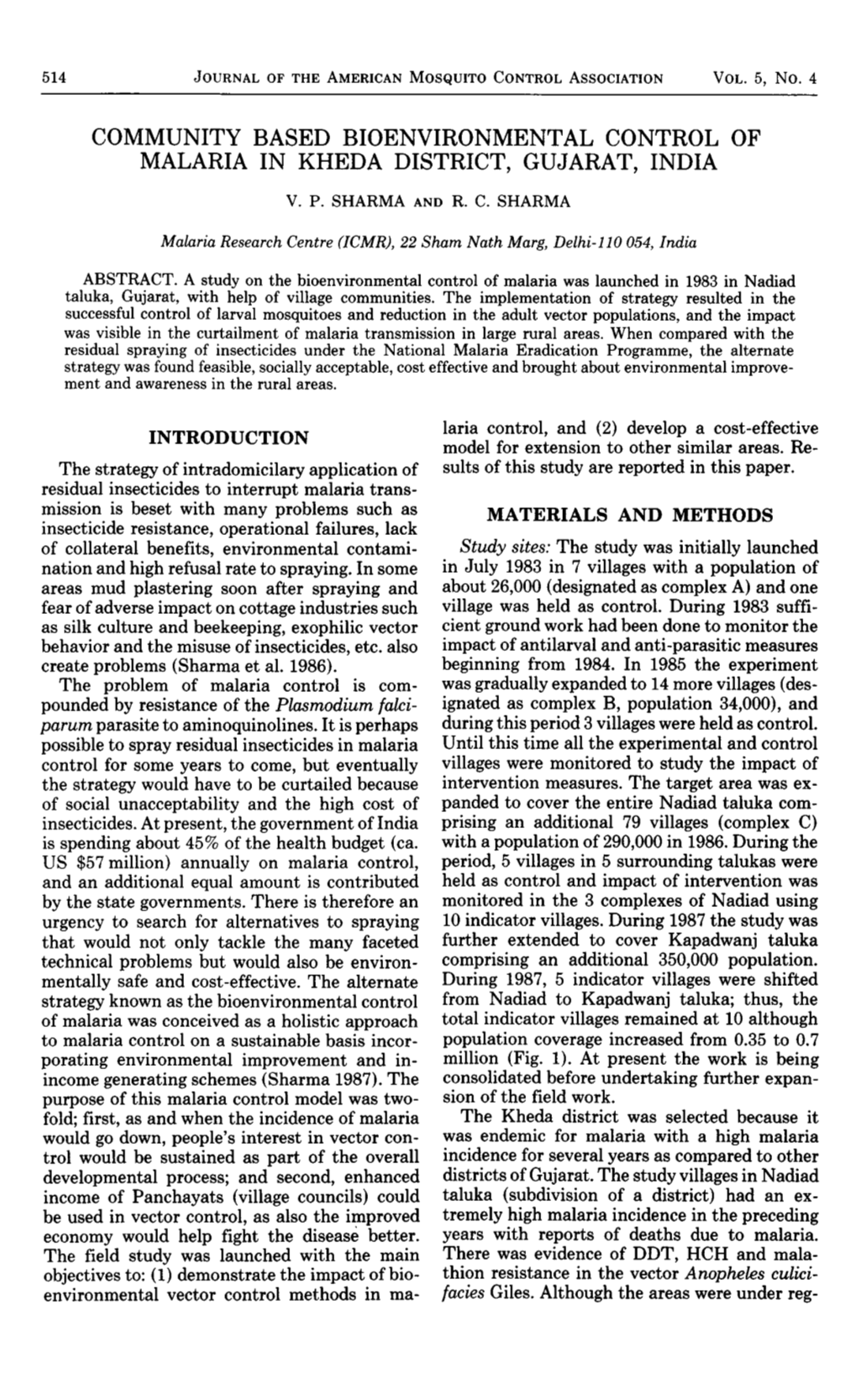 Community Based Bioenvironmental Control of Malaria in Kheda District, Gujarat, India