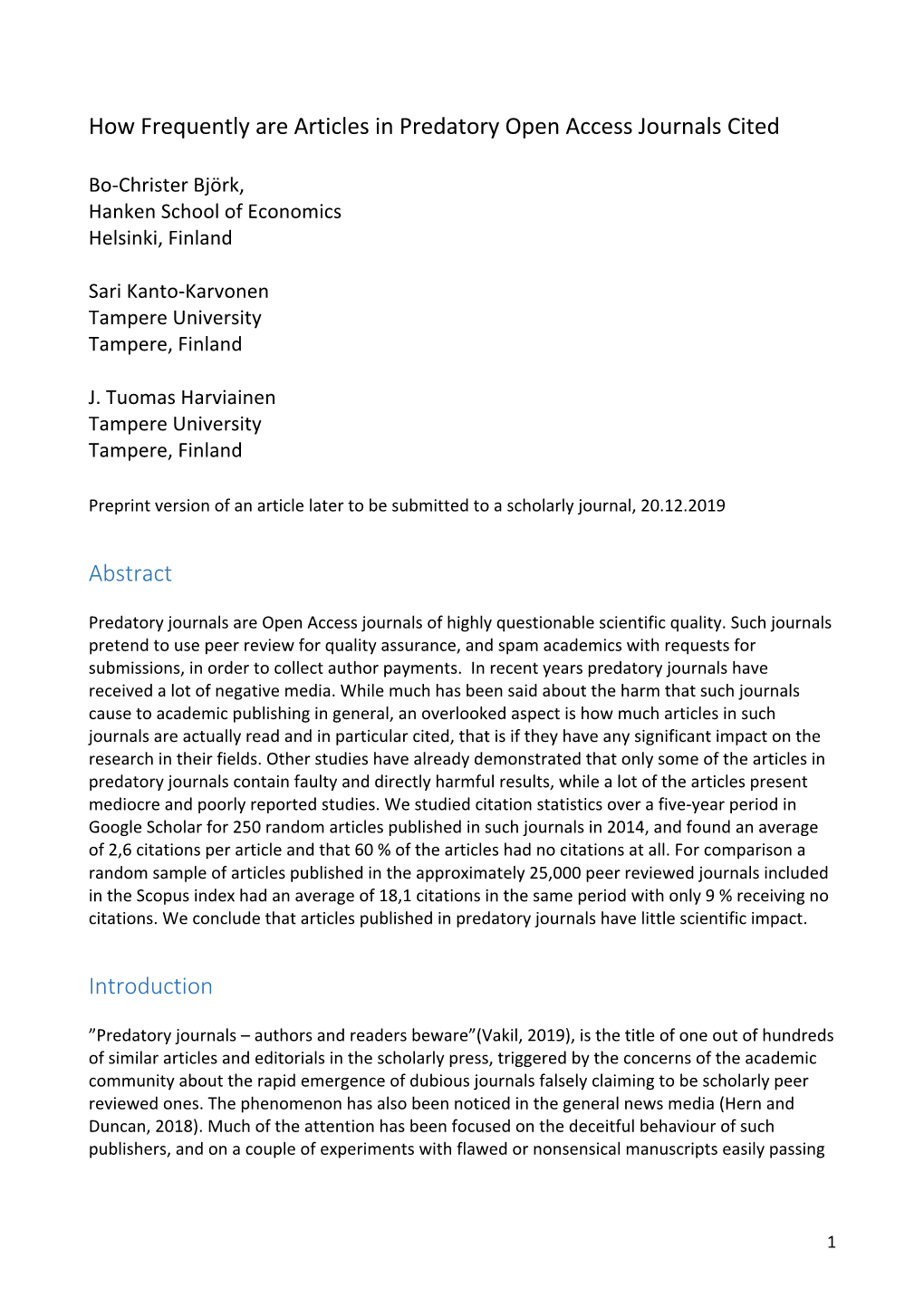 How Frequently Are Articles in Predatory Open Access Journals Cited Abstract Introduction