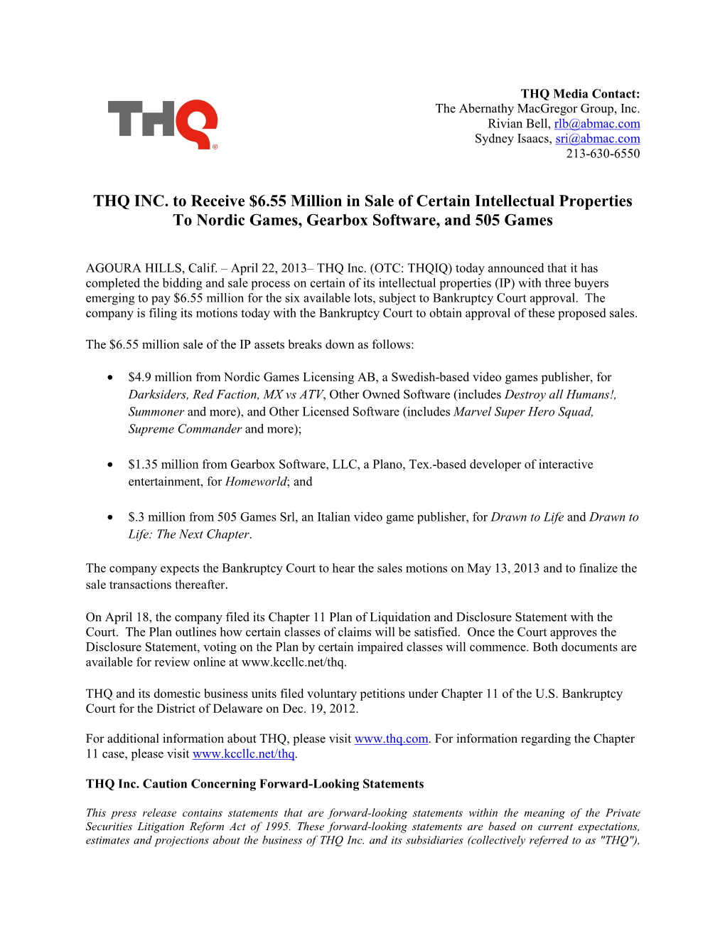 THQ INC. to Receive $6.55 Million in Sale of Certain Intellectual Properties to Nordic Games, Gearbox Software, and 505 Games