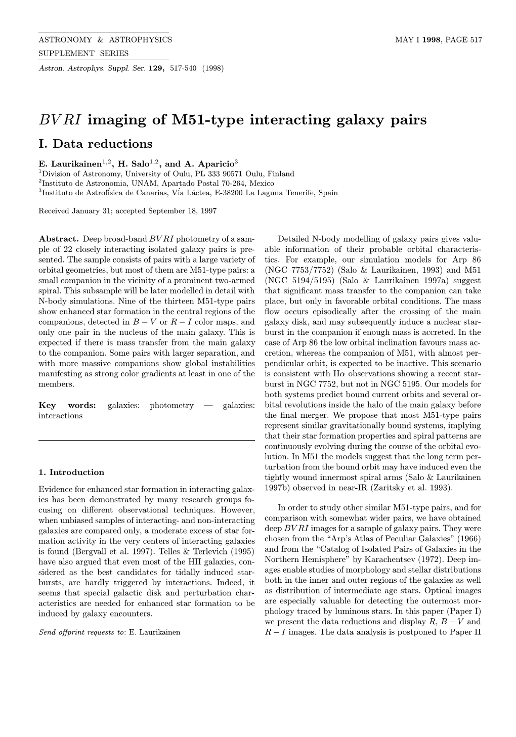 BV RI Imaging of M51-Type Interacting Galaxy Pairs I
