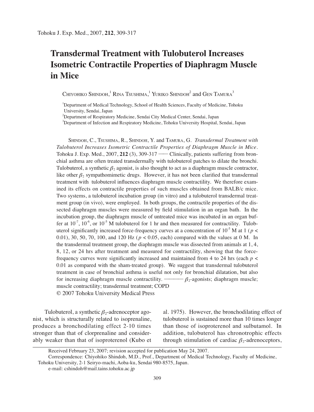 Transdermal Treatment with Tulobuterol Increases Isometric Contractile Properties of Diaphragm Muscle in Mice