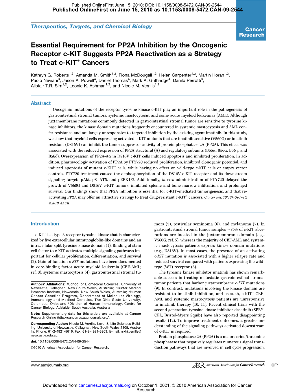 Essential Requirement for PP2A Inhibition by the Oncogenic Receptor C-KIT Suggests PP2A Reactivation As a Strategy to Treat C-KIT+ Cancers