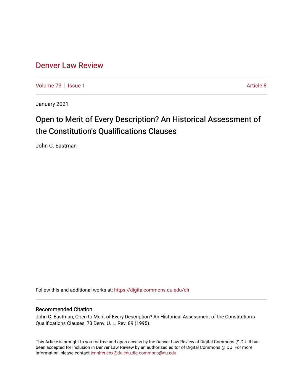 Open to Merit of Every Description? an Historical Assessment of the Constitution's Qualifications Clauses