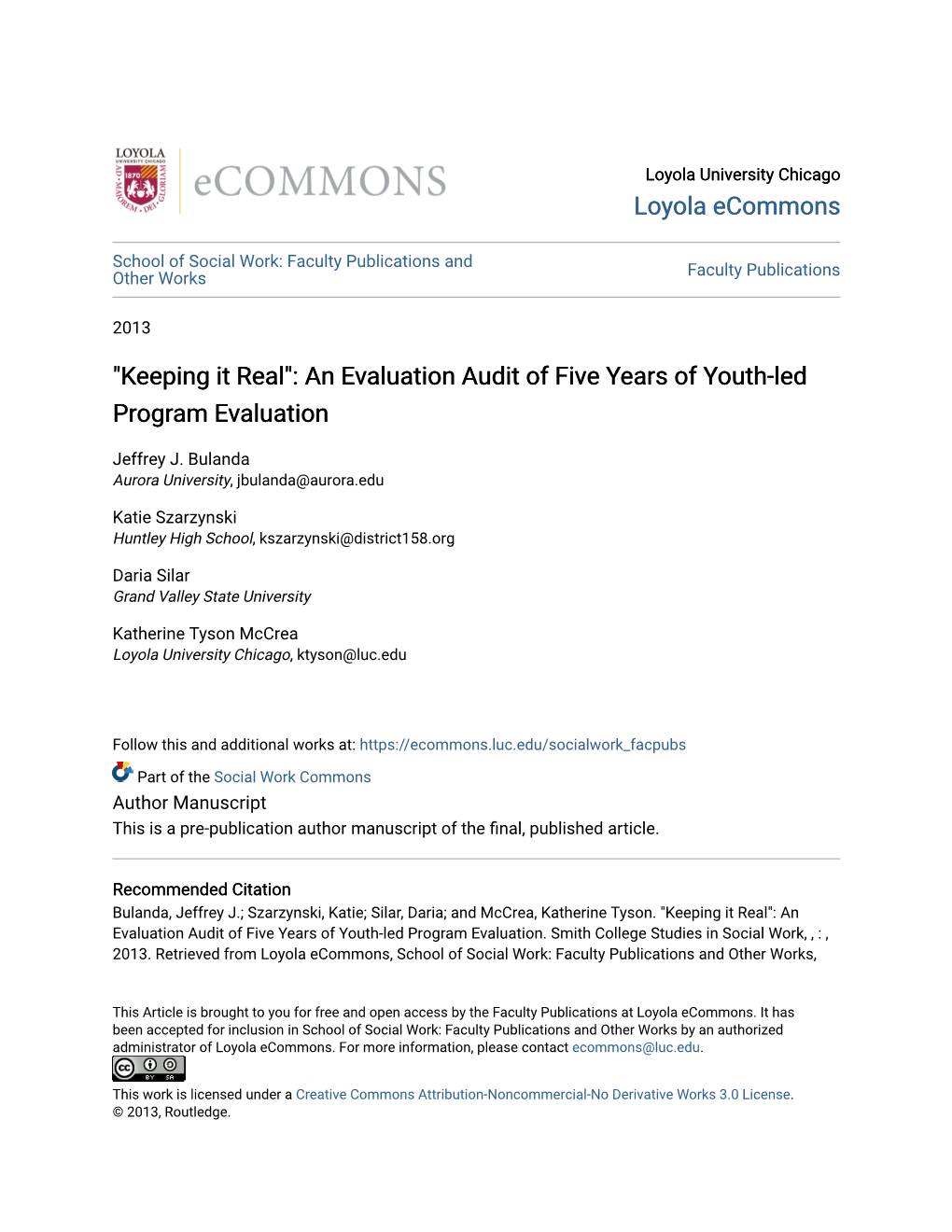 An Evaluation Audit of Five Years of Youth-Led Program Evaluation