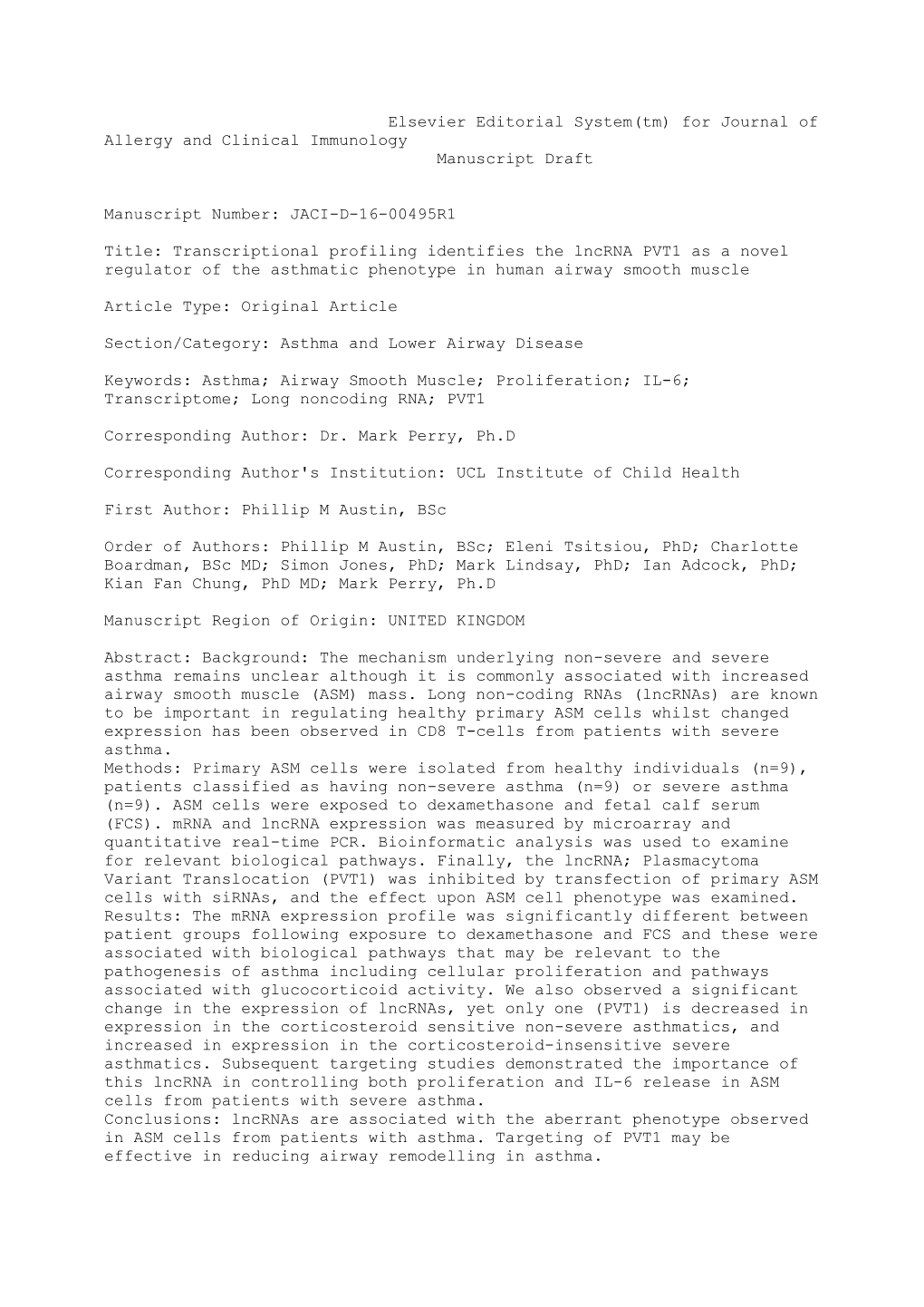 Elsevier Editorial System(Tm) for Journal of Allergy and Clinical Immunology Manuscript Draft Manuscript Number: JACI-D-16-00495