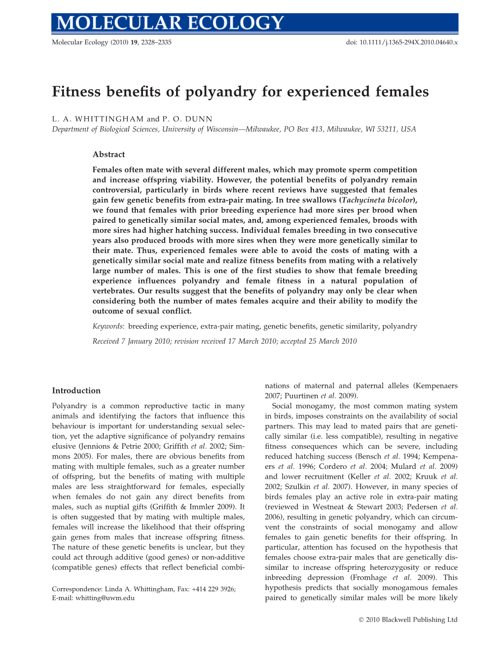 Fitness Benefits of Polyandry for Experienced Females