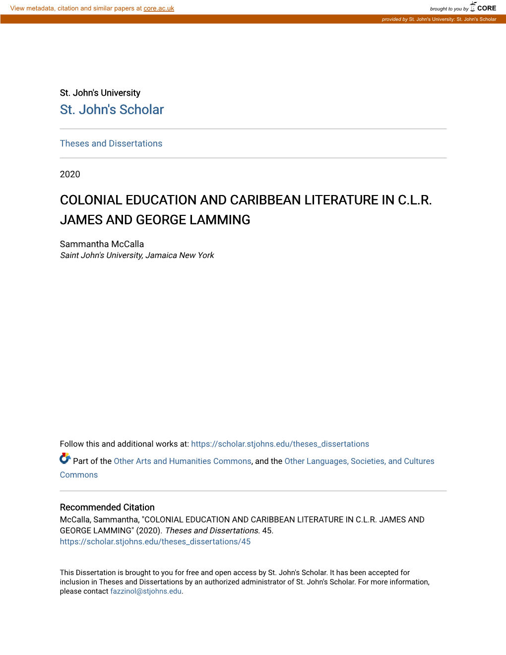 Colonial Education and Caribbean Literature in C.L.R