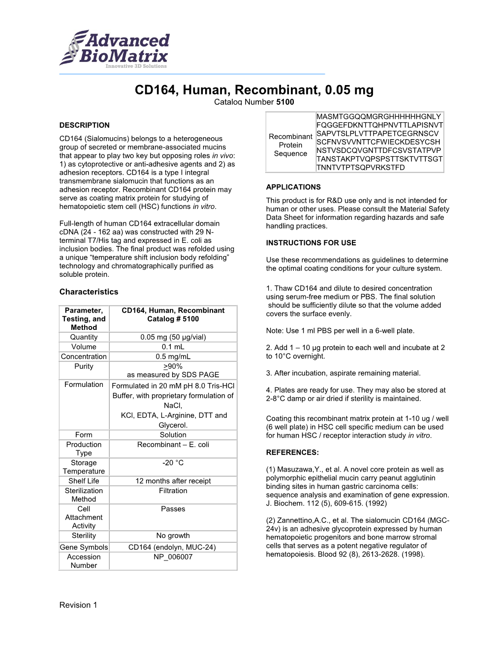 CD164, Human, Recombinant, 0.05 Mg Catalog Number 5100