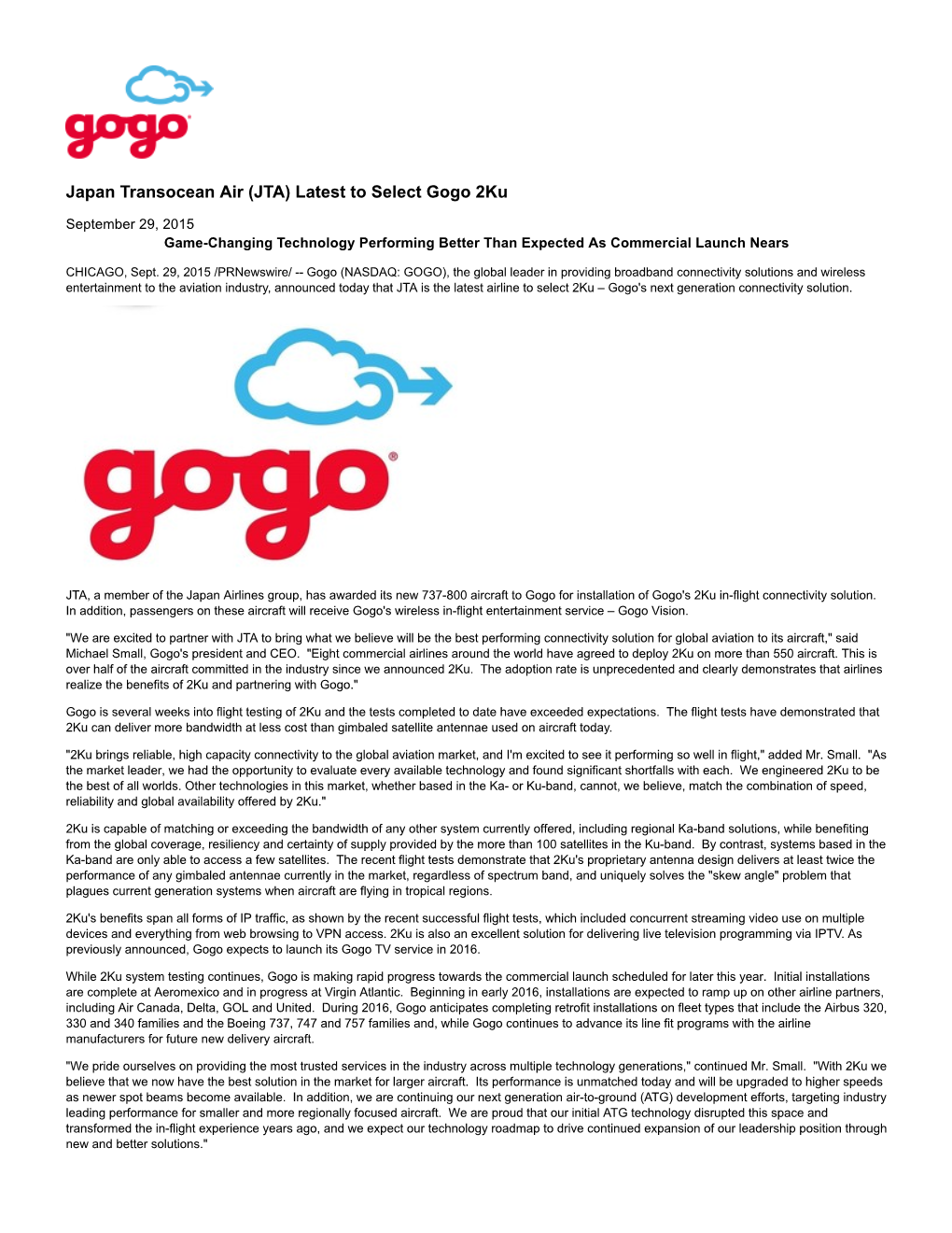 Japan Transocean Air (JTA) Latest to Select Gogo 2Ku