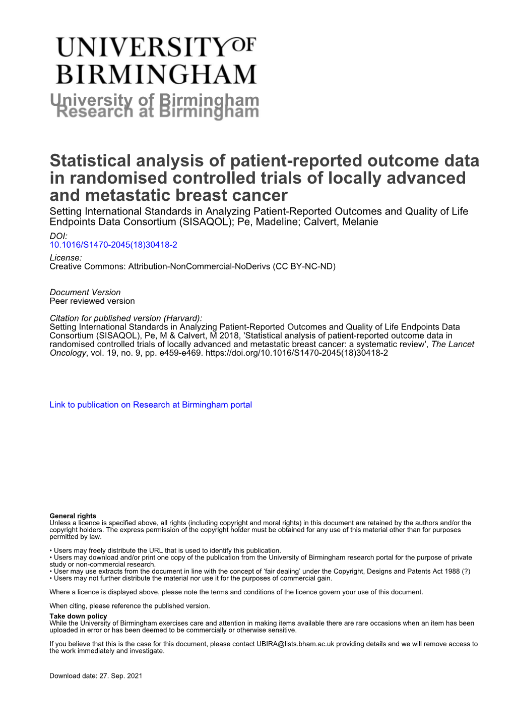 University of Birmingham Statistical Analysis of Patient-Reported