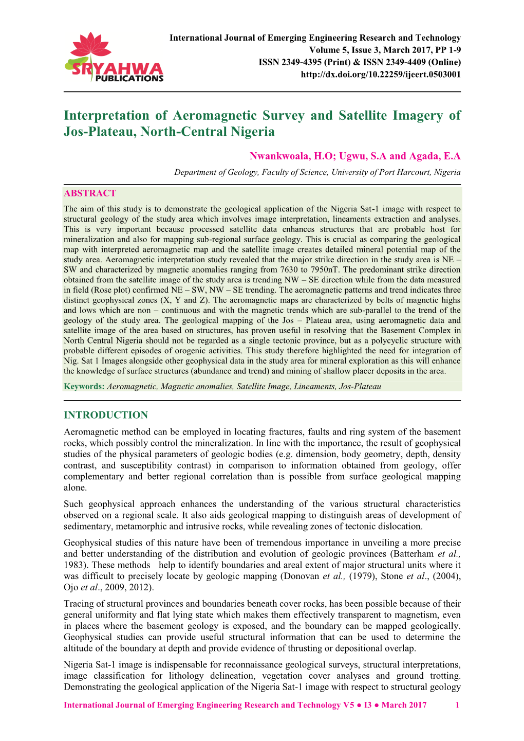 Interpretation of Aeromagnetic Survey and Satellite Imagery of Jos-Plateau, North-Central Nigeria