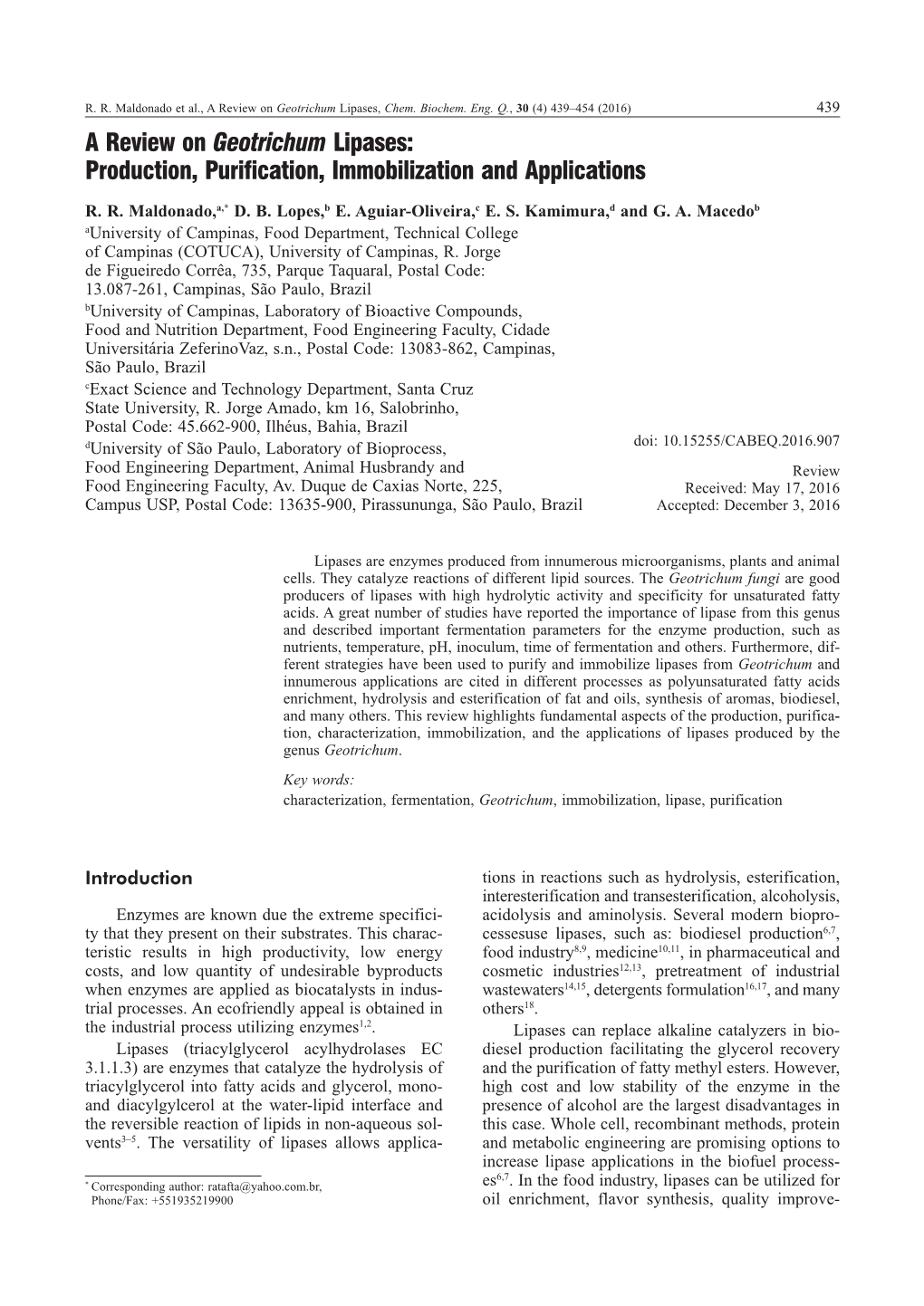 A Review on Geotrichum Lipases: Production, Purification, Immobilization and Applications