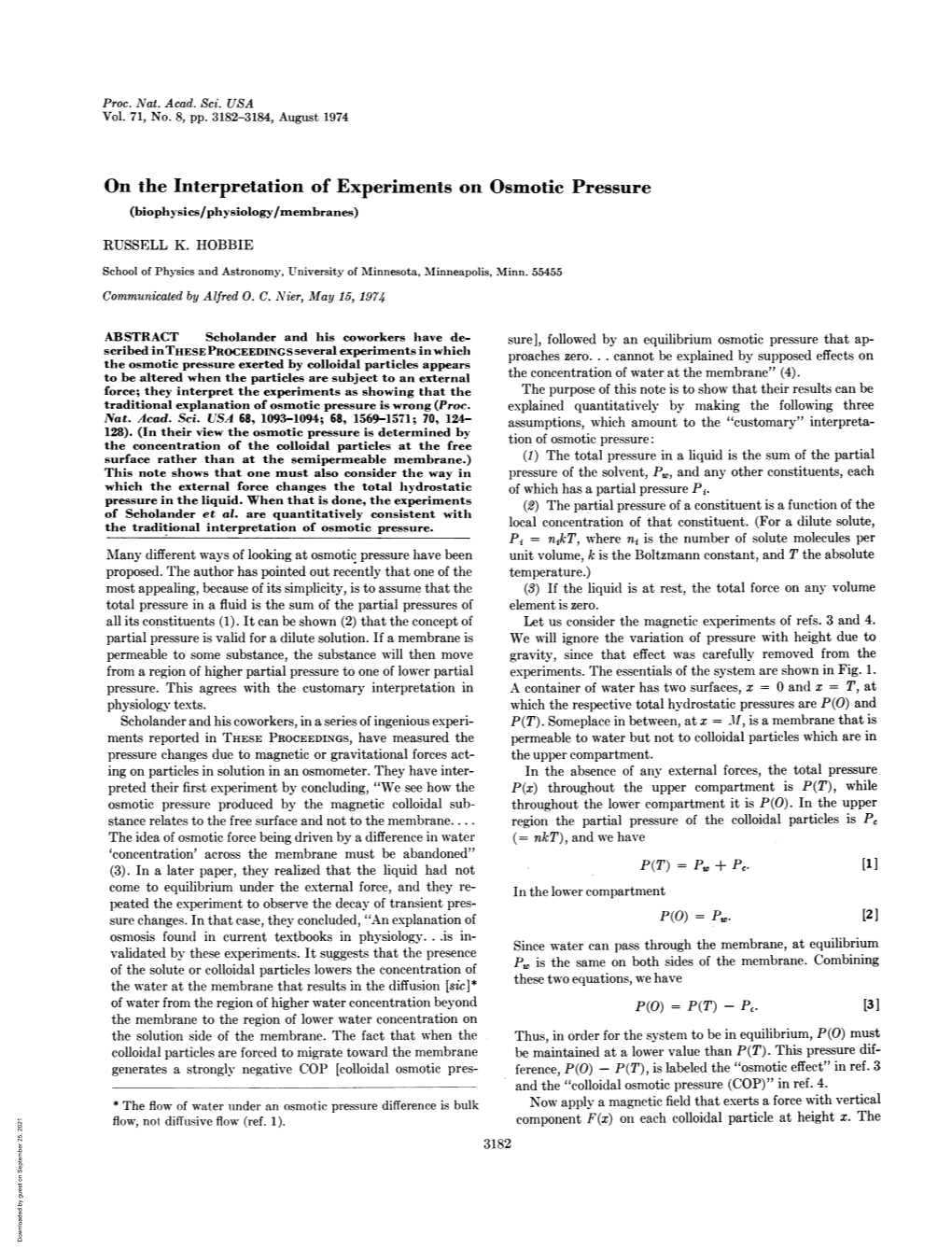 On the Interpretation of Experiments on Osmotic Pressure (Biophysics/Physiology/Membranes)