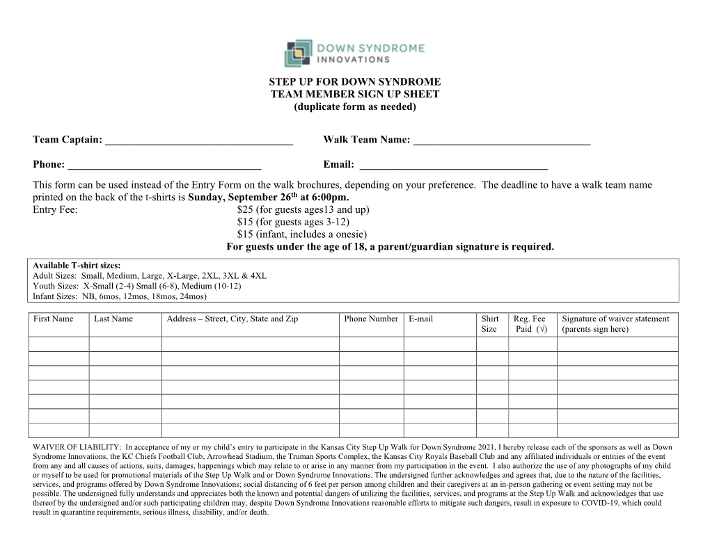 Print Team Member Sign-Up Sheet