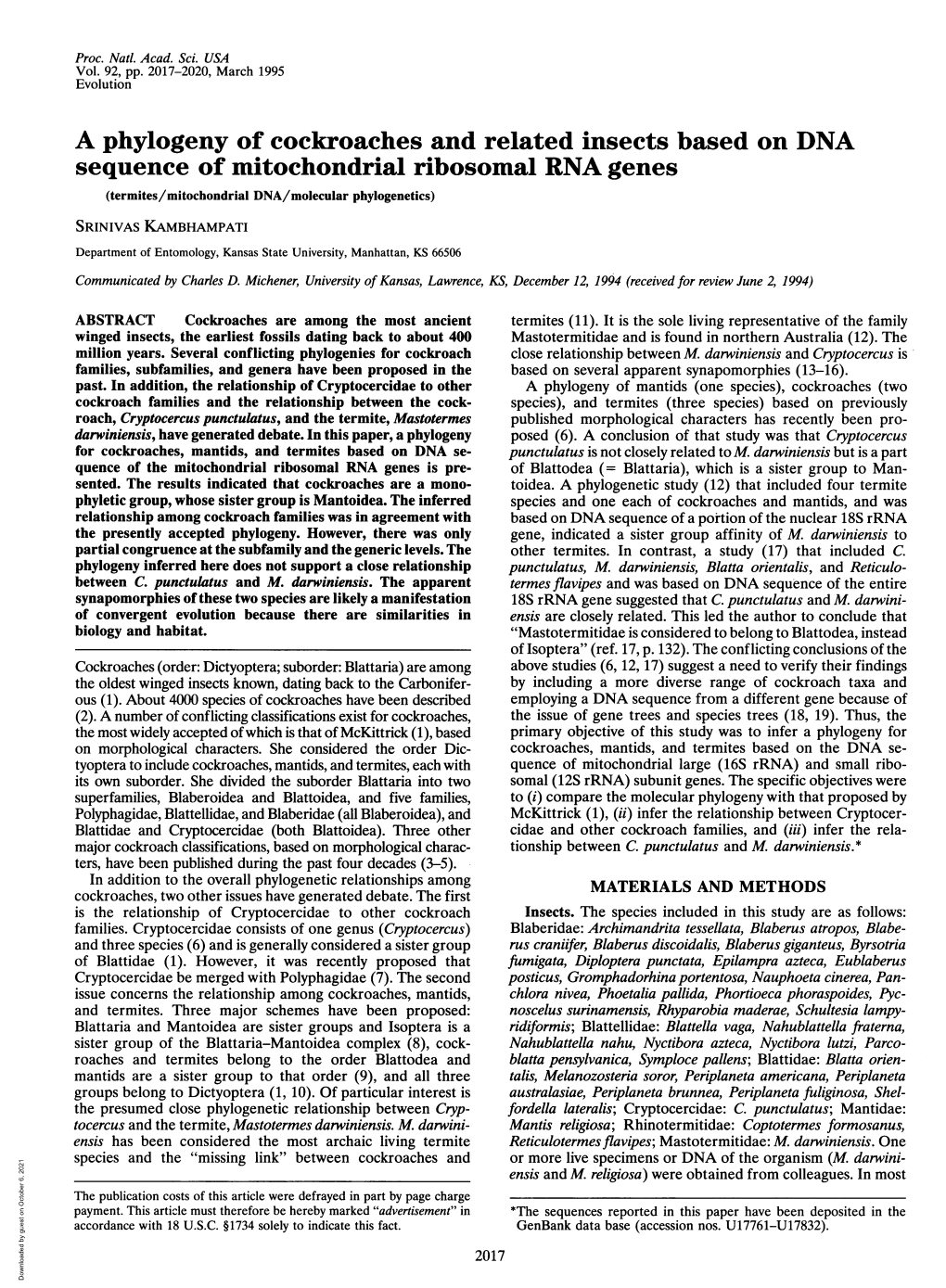 A Phylogeny of Cockroaches and Related Insects Based on DNA