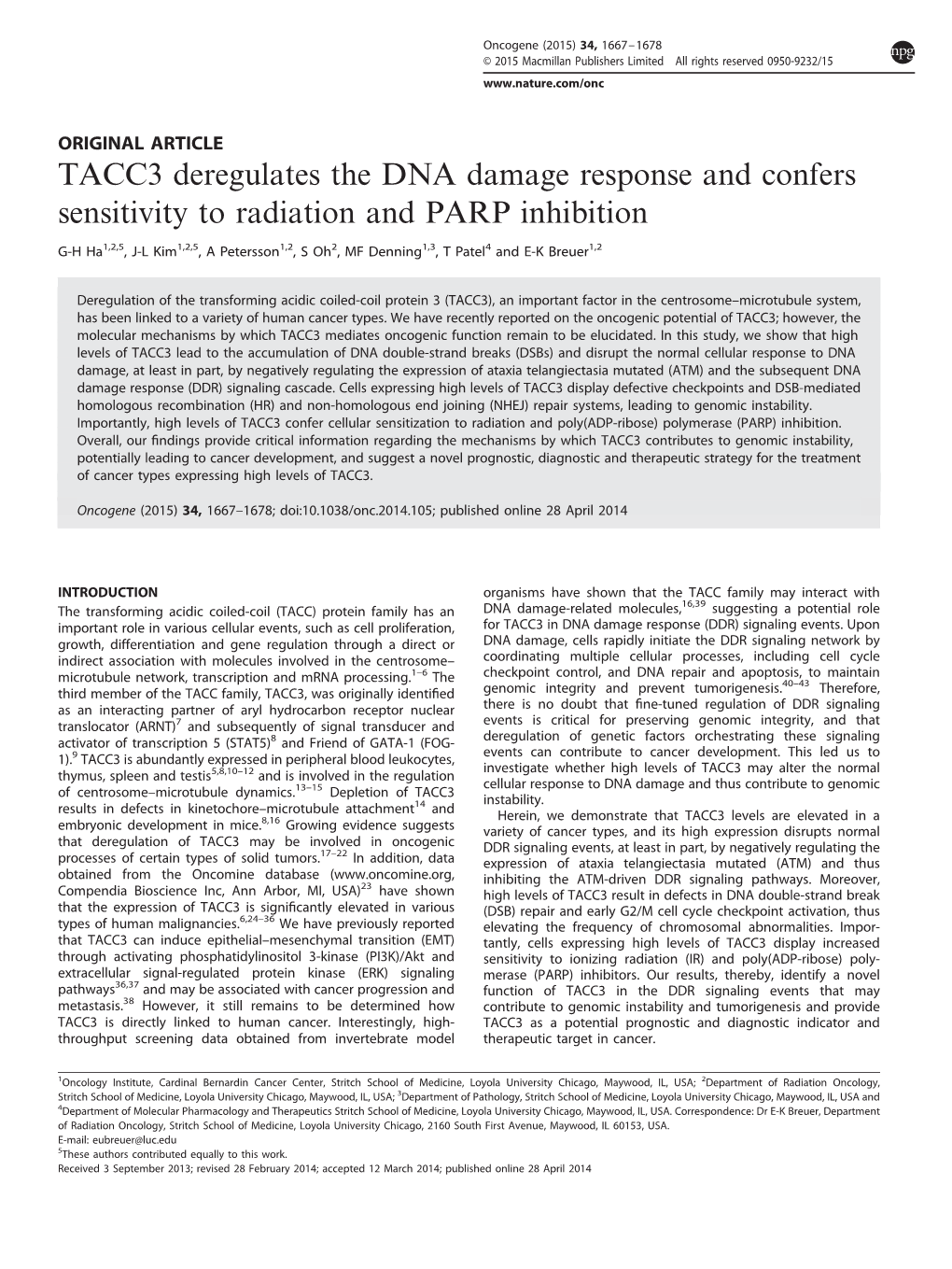 TACC3 Deregulates the DNA Damage Response and Confers Sensitivity to Radiation and PARP Inhibition