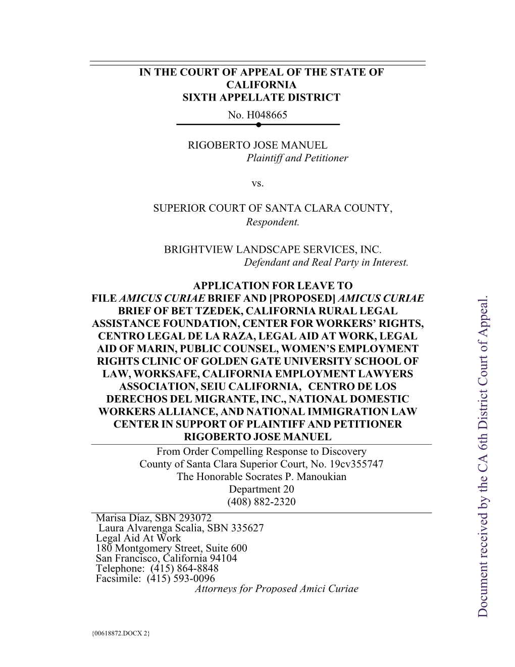 Amicus Brief to the Court of Appeal of the State of California, Sixth Appellate District, Regarding