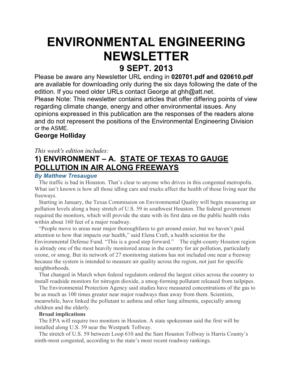 Environmental Engineering Newsletter 9 Sept