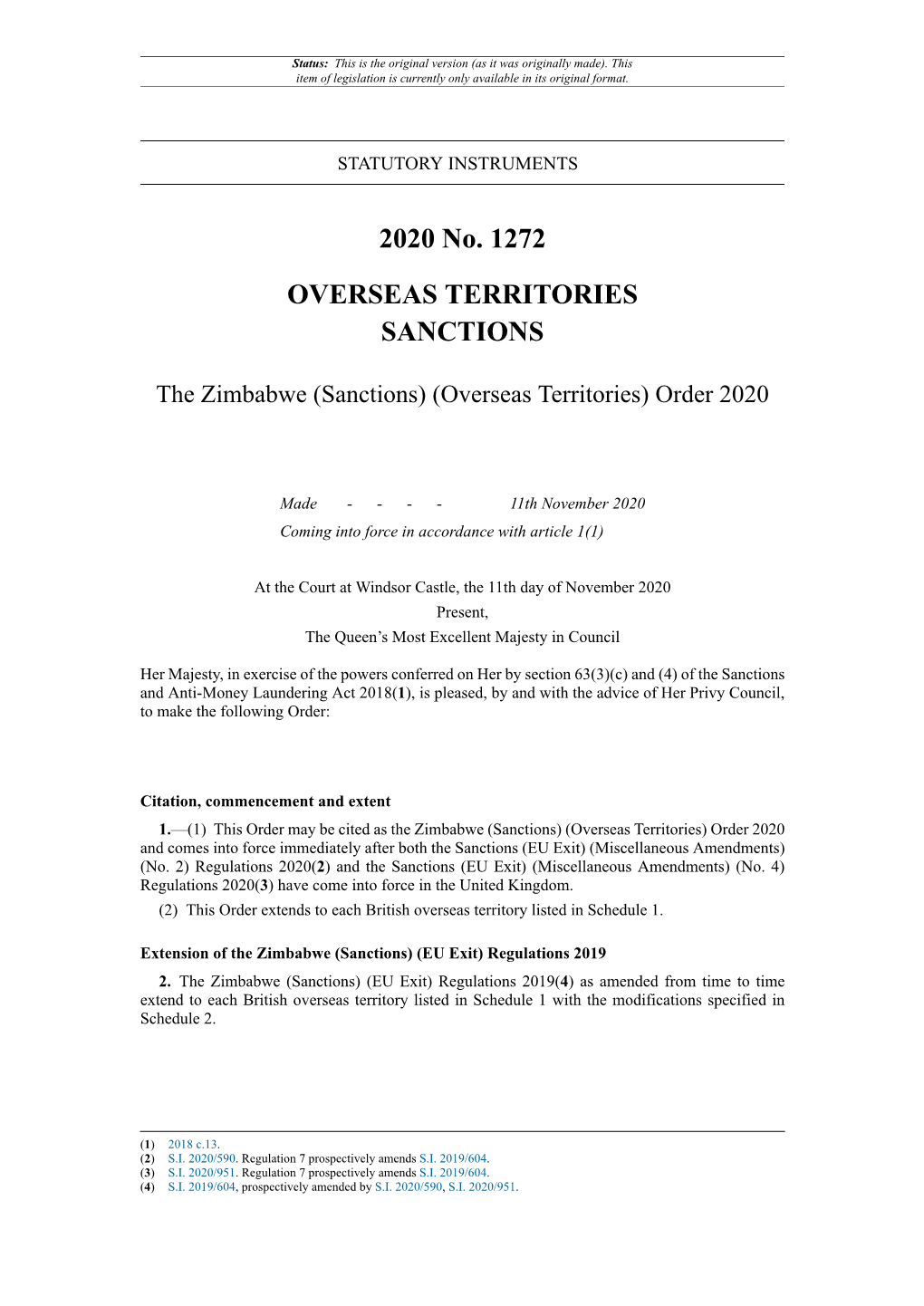 The Zimbabwe (Sanctions) (Overseas Territories) Order 2020