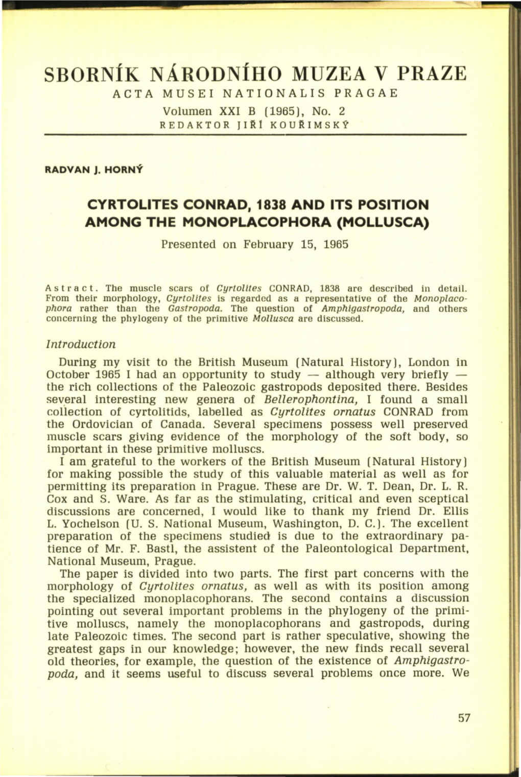 Sborník Národního MUZEA V PRAZE ACTA MUSEI NATIONALIS PRAGAE Volumen XXI B (1965), No