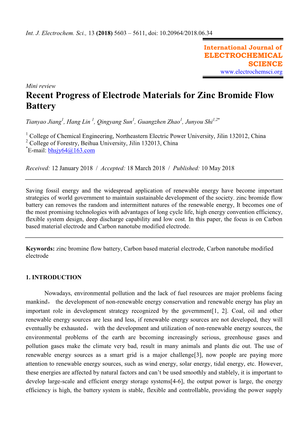 Recent Progress of Electrode Materials for Zinc Bromide Flow Battery