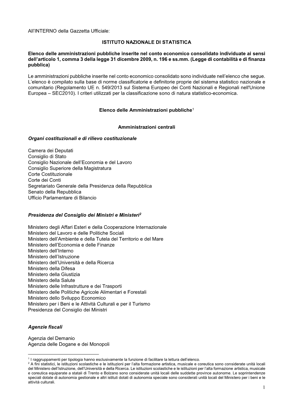 Delle Amministrazioni Pubbliche Inserite Nel Conto Economico Consolidato Individuate Ai Sensi Dell’Articolo 1, Comma 3 Della Legge 31 Dicembre 2009, N