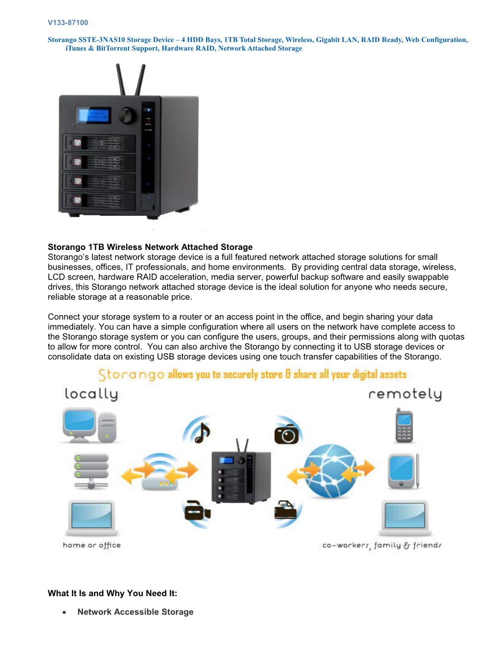 Storango SSTE-3NAS10 Storage Device 4 HDD Bays, 1TB Total Storage, Wireless, Gigabit LAN