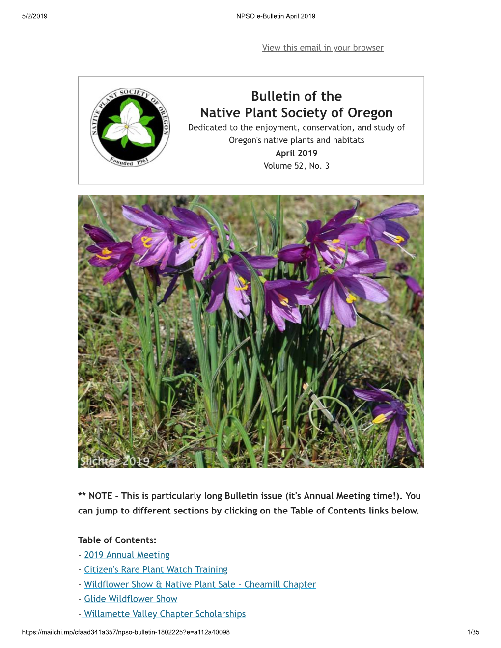 Bulletin of the Native Plant Society of Oregon Dedicated to the Enjoyment, Conservation, and Study of Oregon's Native Plants and Habitats April 2019 Volume 52, No