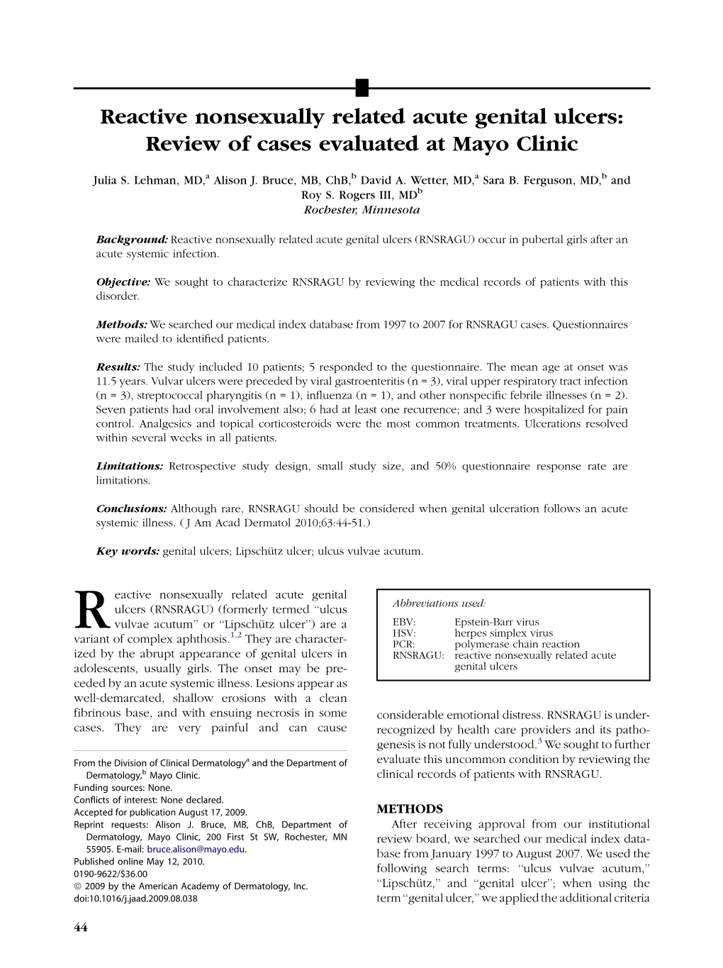 Reactive Nonsexually Related Acute Genital Ulcers: Review of Cases Evaluated at Mayo Clinic