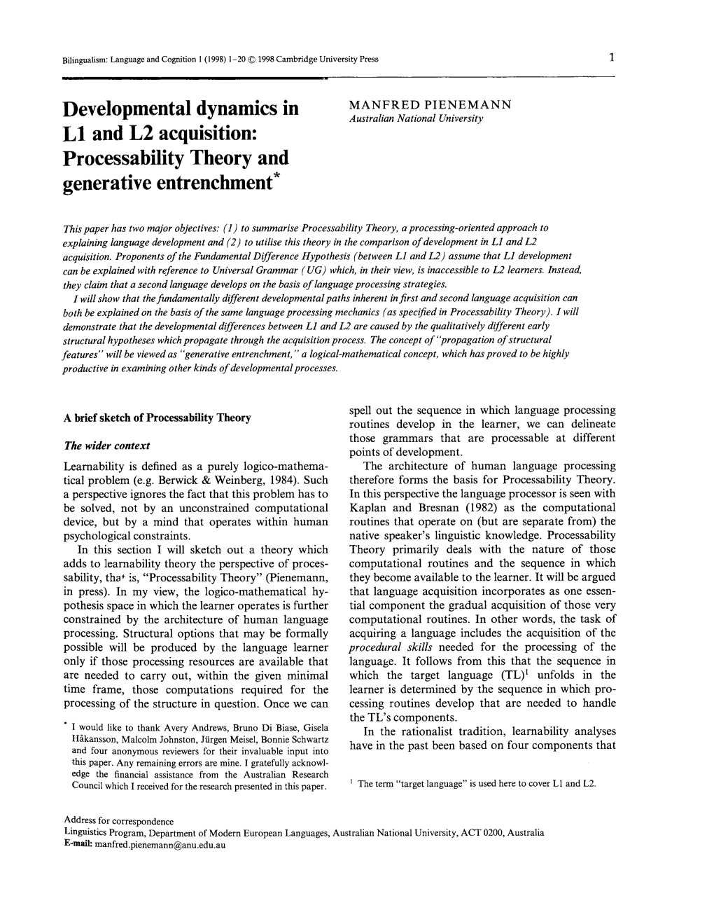 Developmental Dynamics in L1 and L2 Acquisition: Processability Theory