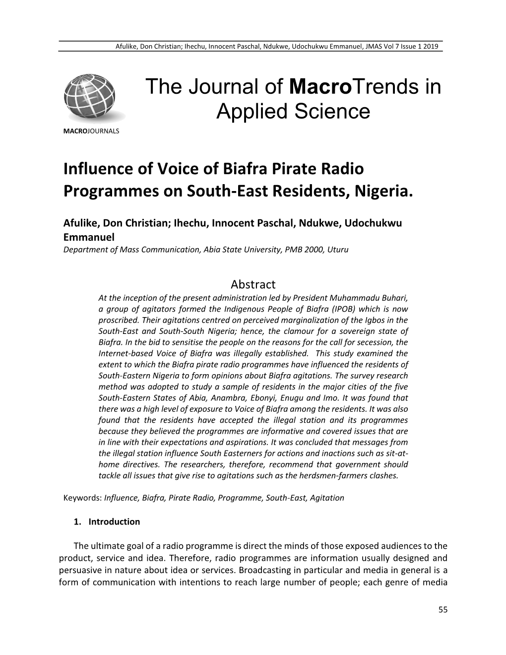 Influence of Voice of Biafra Pirate Radio Programmes on South-East Residents, Nigeria