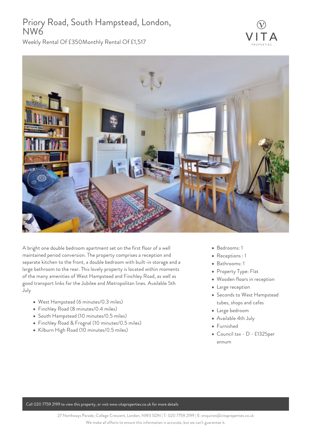 Priory Road, South Hampstead, London, NW6 Weekly Rental of £350Monthly Rental of £1,517