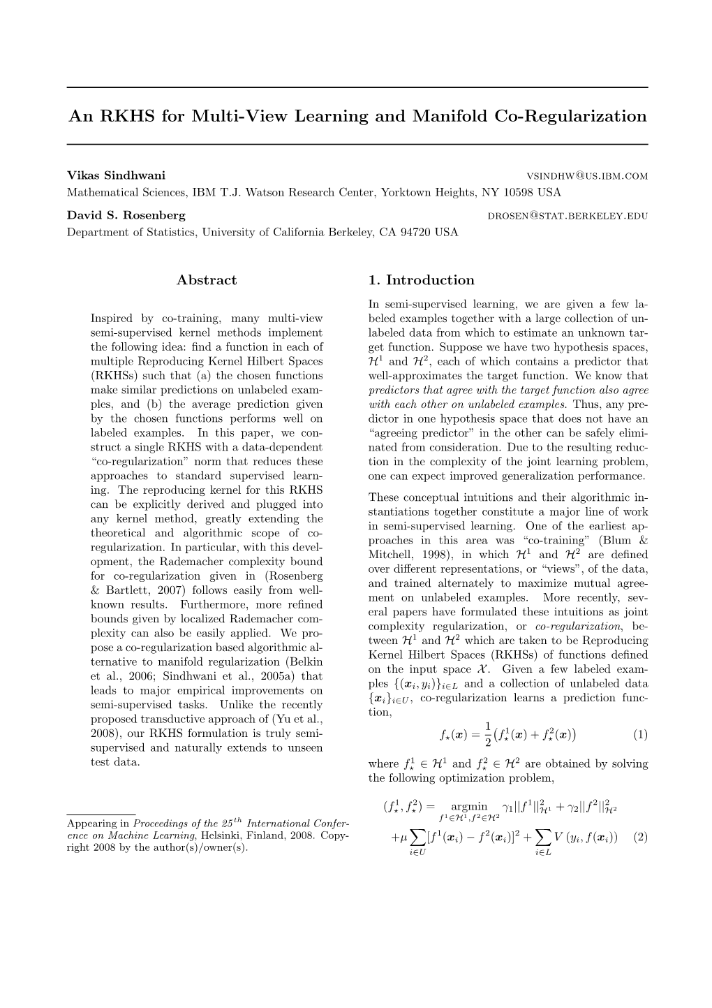 An RKHS for Multi-View Learning and Manifold Co-Regularization