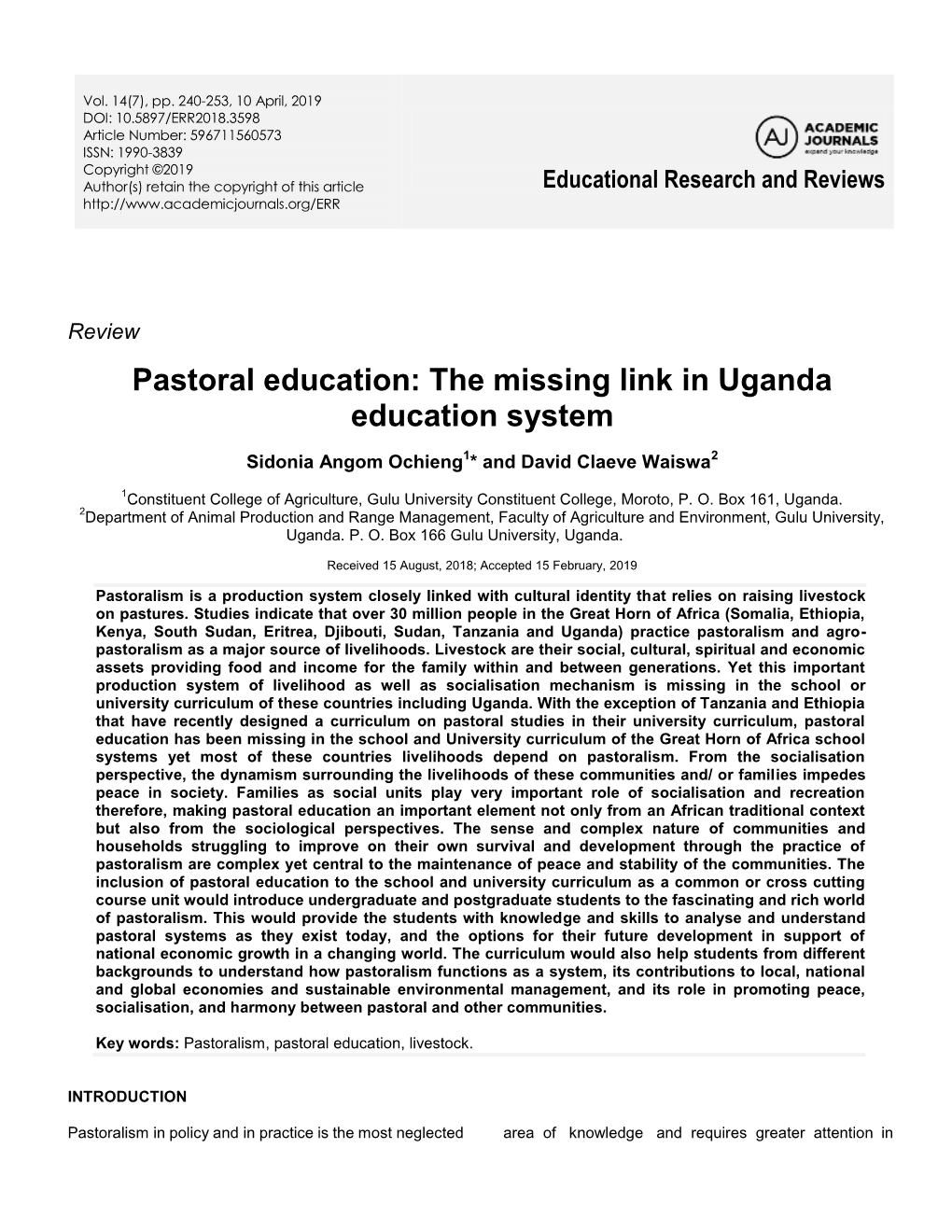 Pastoral Education: the Missing Link in Uganda Education System