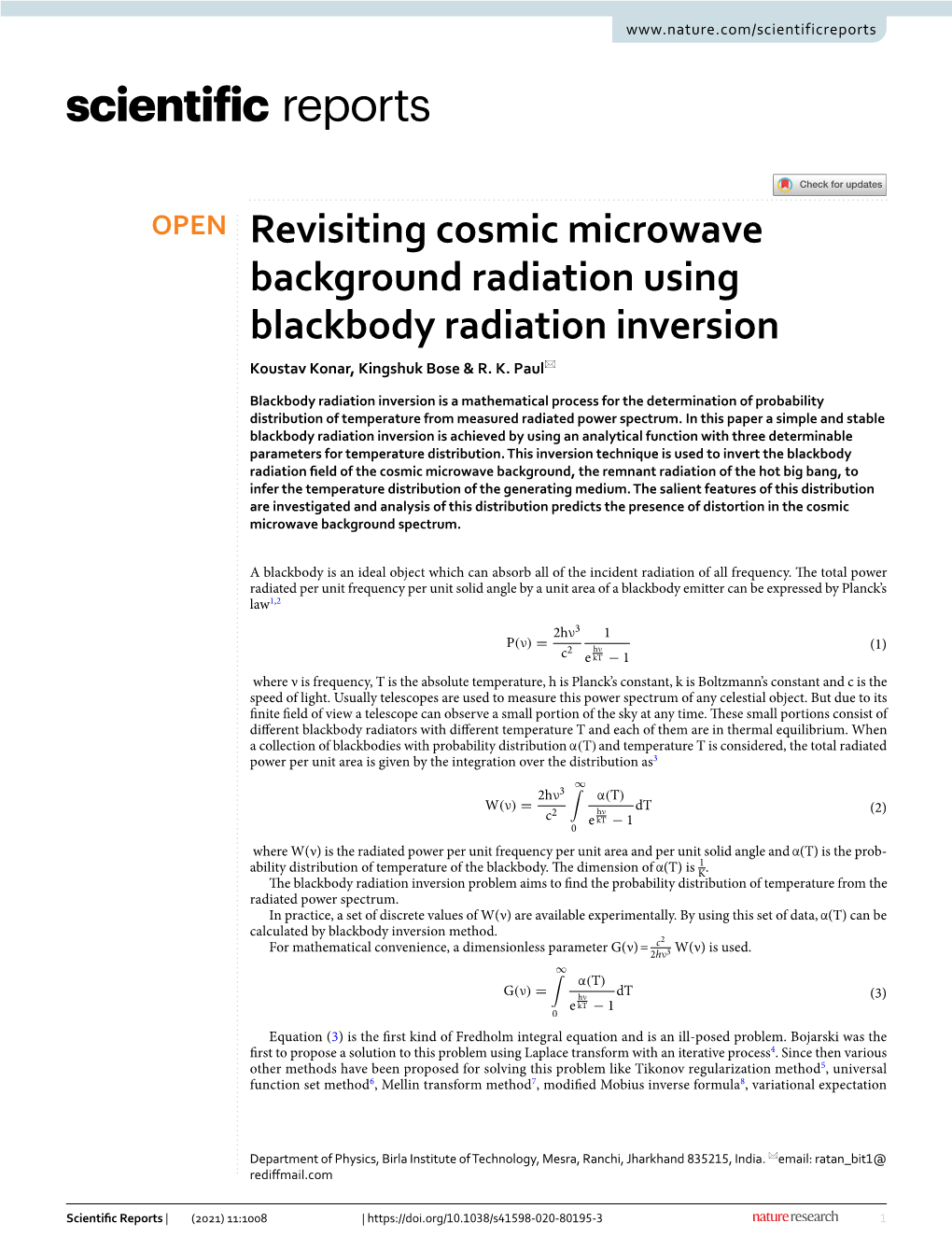 Revisiting Cosmic Microwave Background Radiation Using Blackbody Radiation Inversion Koustav Konar, Kingshuk Bose & R