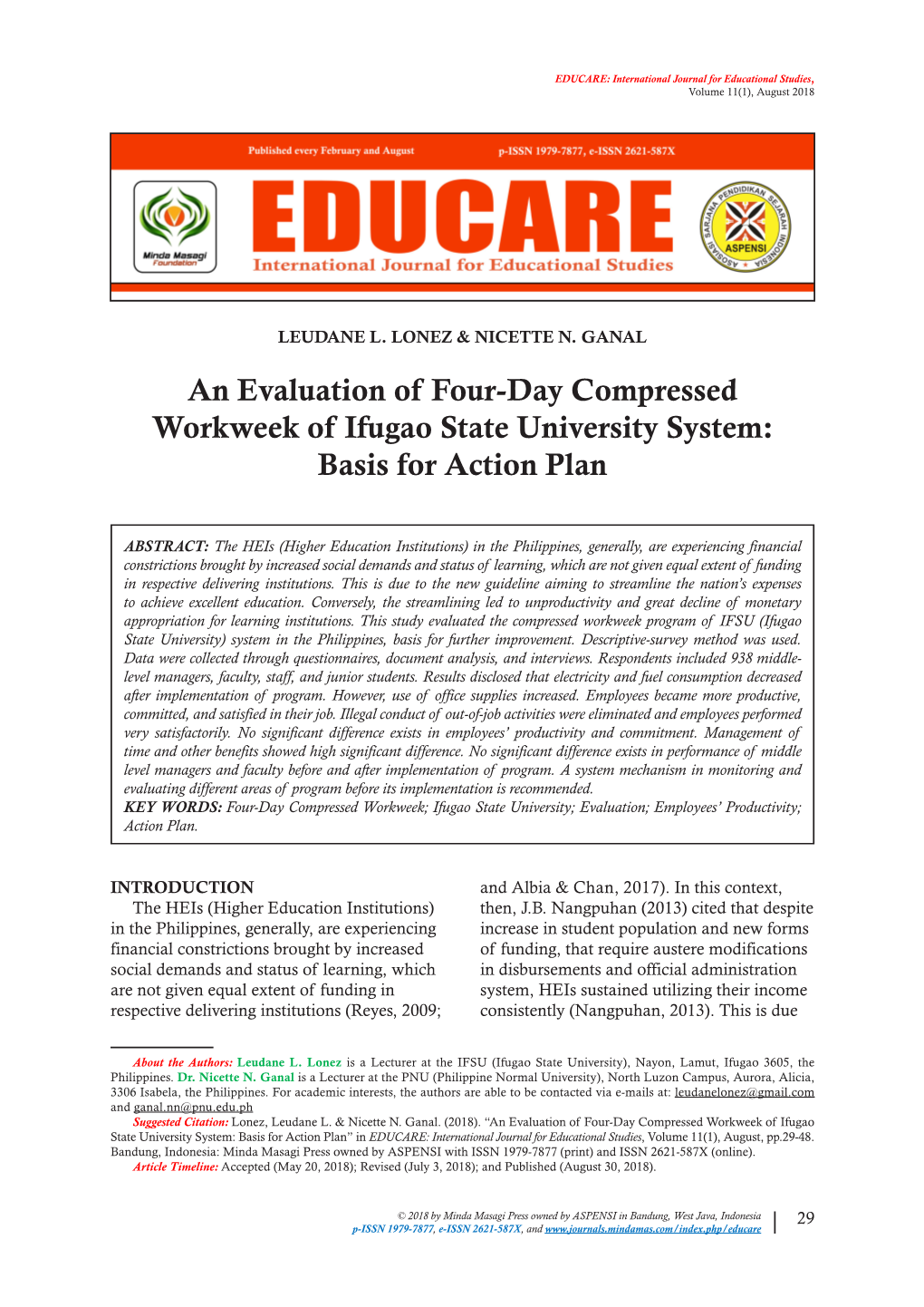 An Evaluation of Four-Day Compressed Workweek of Ifugao State University System: Basis for Action Plan