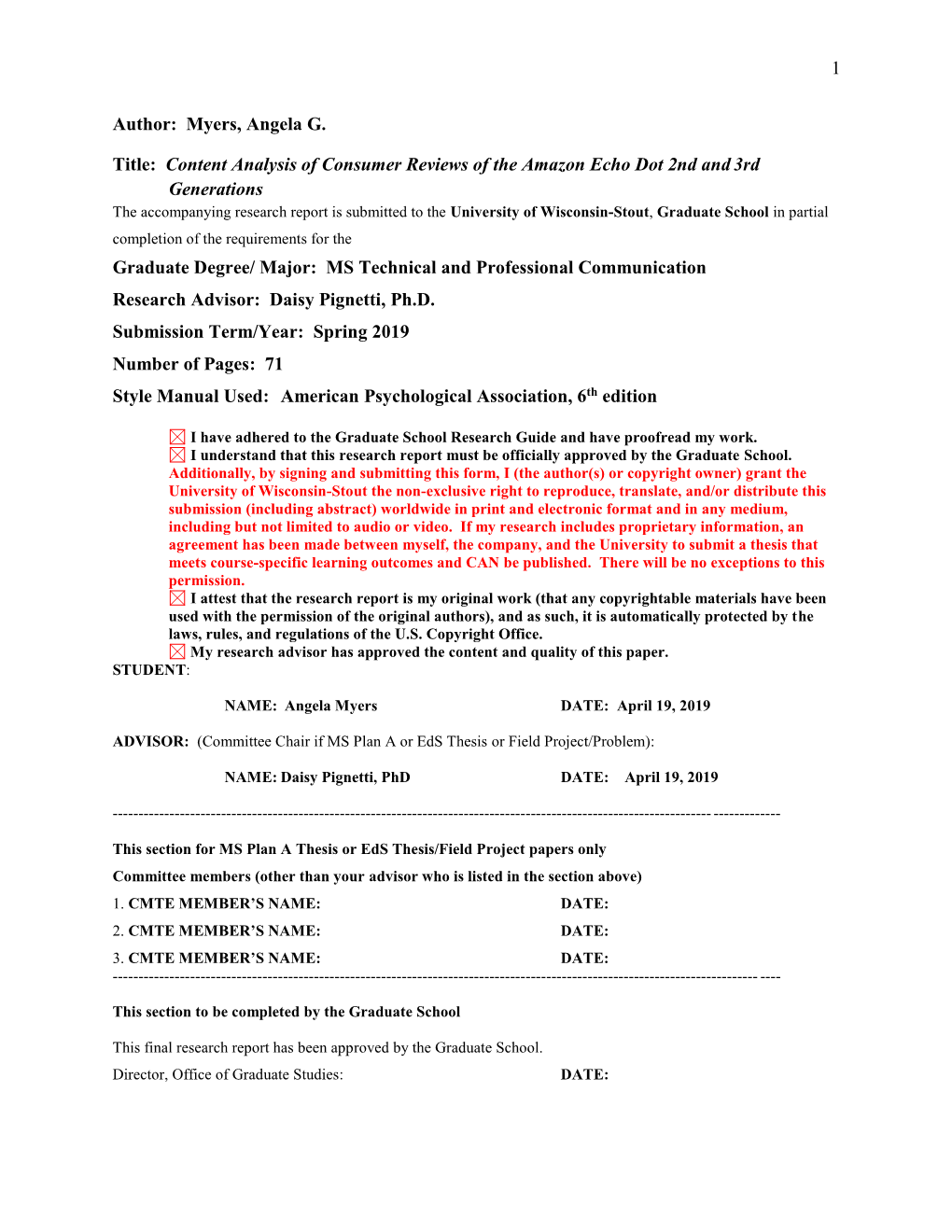 Myers, Angela G. Title: Content Analysis of Consumer Reviews Of