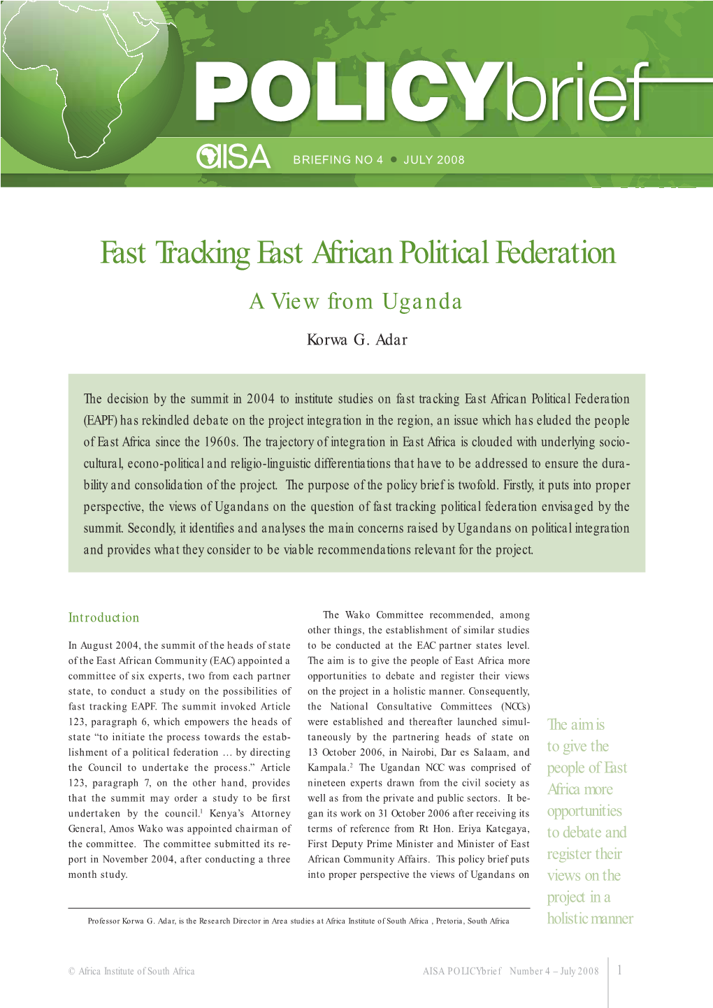 Fast Tracking East African Political Federation a View from Uganda