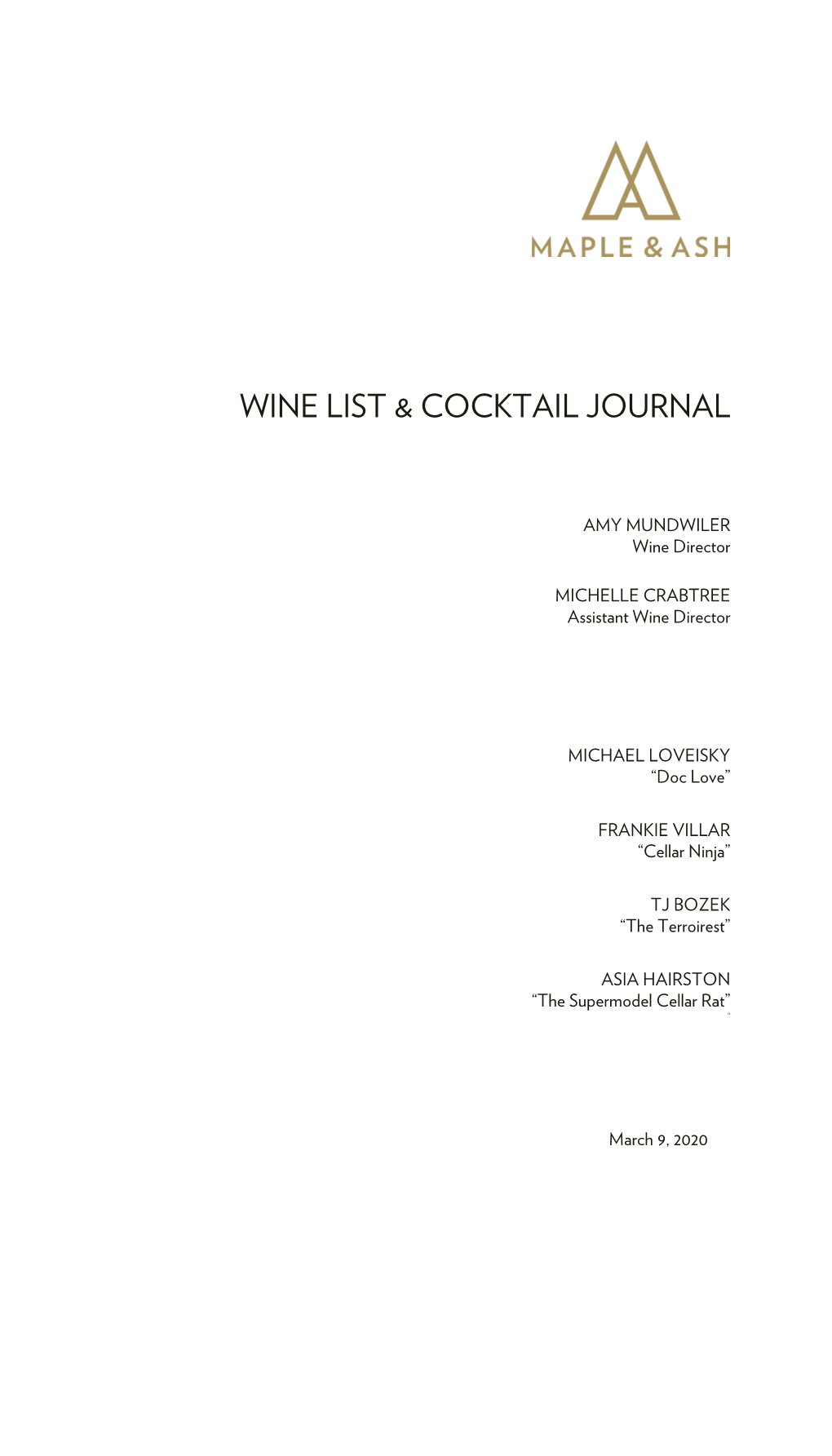 Wine List & Cocktail Journal