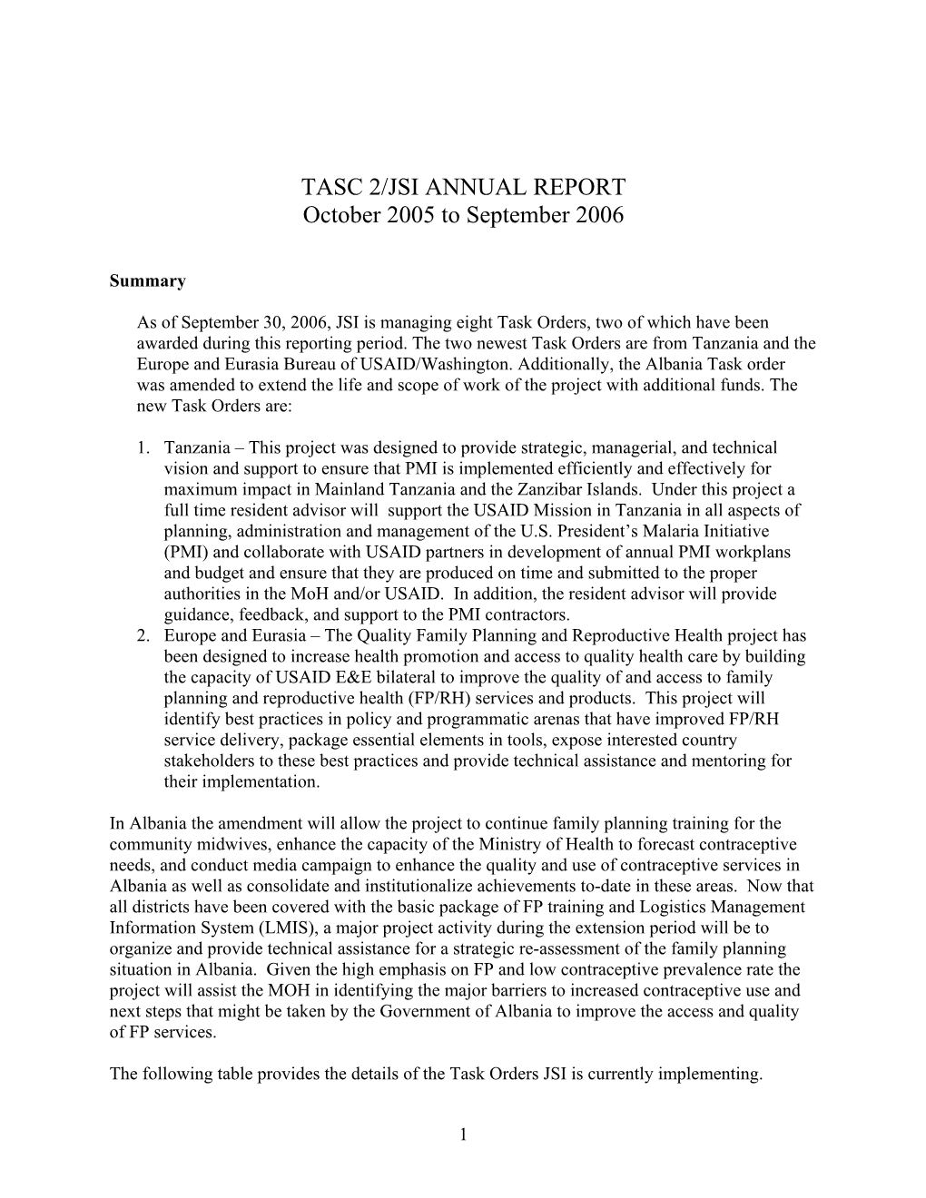 TASC 2/JSI ANNUAL REPORT October 2005 to September 2006